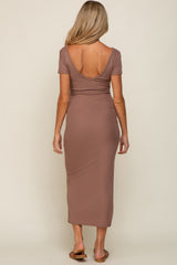 Mocha Basic Ribbed Side Slit Maternity Midi Dress