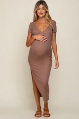 Mocha Basic Ribbed Side Slit Maternity Midi Dress