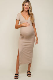 Beige Basic Ribbed Side Slit Maternity Midi Dress