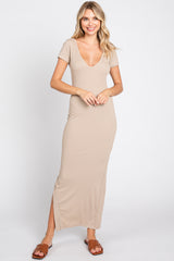 Beige Basic Ribbed Side Slit Maternity Midi Dress