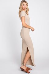 Beige Basic Ribbed Side Slit Midi Dress