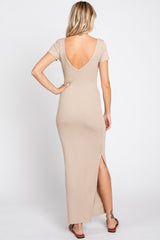 Beige Basic Ribbed Side Slit Midi Dress