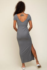 Grey Basic Ribbed Side Slit Midi Dress