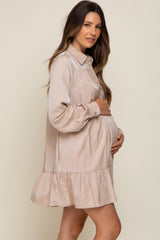 Taupe Button Up Tiered Long Sleeve Maternity Dress