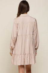 Taupe Button Up Tiered Long Sleeve Maternity Dress