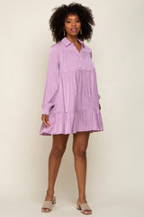 Lavender Button Up Tiered Long Sleeve Maternity Dress