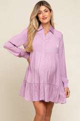 Lavender Button Up Tiered Long Sleeve Maternity Dress