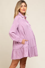 Lavender Button Up Tiered Long Sleeve Maternity Dress