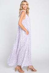 Purple Floral Smocked Shoulder Tie Maxi Dress