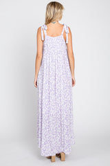 Purple Floral Smocked Shoulder Tie Maxi Dress