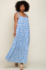 Light Blue Floral Smocked Shoulder Tie Maternity Maxi Dress