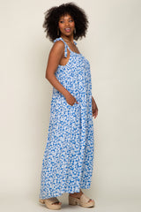 Light Blue Floral Smocked Shoulder Tie Maxi Dress