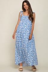 Light Blue Floral Smocked Shoulder Tie Maternity Maxi Dress