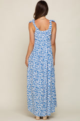 Light Blue Floral Smocked Shoulder Tie Maternity Maxi Dress