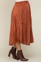 Rust Suede Pleated Maternity Midi Skirt