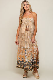 Beige Floral Paisley Halter Maternity Maxi Dress