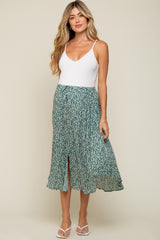 Green Floral Button Accent Maternity Midi Skirt