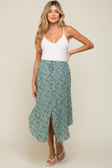 Green Floral Button Accent Maternity Midi Skirt