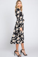 Black Floral Wrap Front Waist Tie Midi Dress