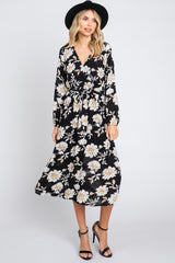 Black Floral Wrap Front Waist Tie Midi Dress