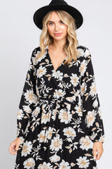 Black Floral Wrap Front Waist Tie Midi Dress