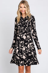 Black Button Front Side Tie Long Sleeve Maternity Dress