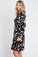 Black Button Front Side Tie Long Sleeve Dress