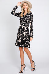 Black Button Front Side Tie Long Sleeve Dress