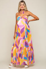 Yellow Printed Halter Maternity Maxi Dress