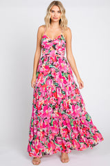 Fuchsia Floral Front Twist Lace Up Back Maternity Maxi Dress