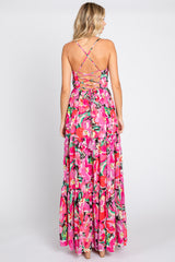 Fuchsia Floral Front Twist Lace Up Back Maxi Dress