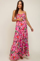 Fuchsia Floral Front Twist Lace Up Back Maternity Maxi Dress