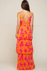 Orange Floral Pleated Tiered Maternity Maxi Dress