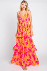 Orange Floral Pleated Tiered Maternity Maxi Dress