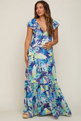 Blue Floral Ruffle Accent Maternity Maxi Dress