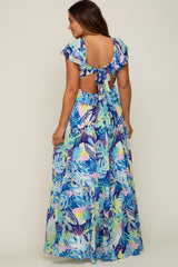 Blue Floral Ruffle Accent Maternity Maxi Dress