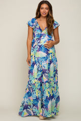 Blue Floral Ruffle Accent Maternity Maxi Dress