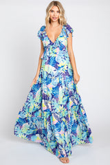 Blue Floral Ruffle Accent Maternity Maxi Dress