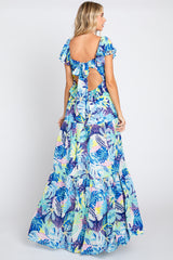 Blue Floral Ruffle Accent Maxi Dress