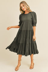 Black Eyelet Puff Sleeve Tiered Midi Dress