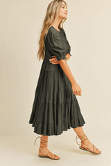 Black Eyelet Puff Sleeve Tiered Midi Dress