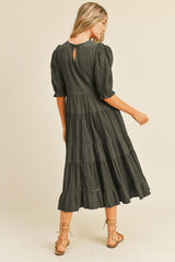 Black Eyelet Puff Sleeve Tiered Midi Dress