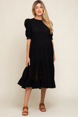 Black Eyelet Puff Sleeve Tiered Maternity Midi Dress