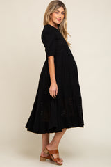 Black Eyelet Puff Sleeve Tiered Maternity Midi Dress