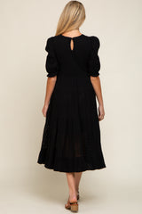 Black Eyelet Puff Sleeve Tiered Maternity Midi Dress