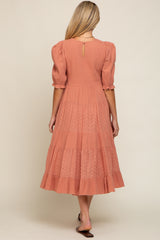 Salmon Eyelet Puff Sleeve Tiered Maternity Midi Dress