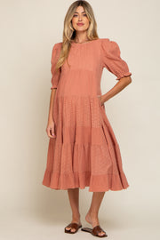 Salmon Eyelet Puff Sleeve Tiered Maternity Midi Dress