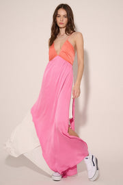 Coral-Pink-Cream Color Block Plunge Neck Wrap Tulip Hem Maxi Dress