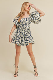 Navy Floral Print Bubble Sleeve Flared Mini Dress