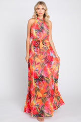 Multi-Color Palm Print Pleated Chiffon Maternity Maxi Dress